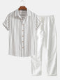 Cotton Blend Striped Button Up Shirt & Straight Leg Linen Pants