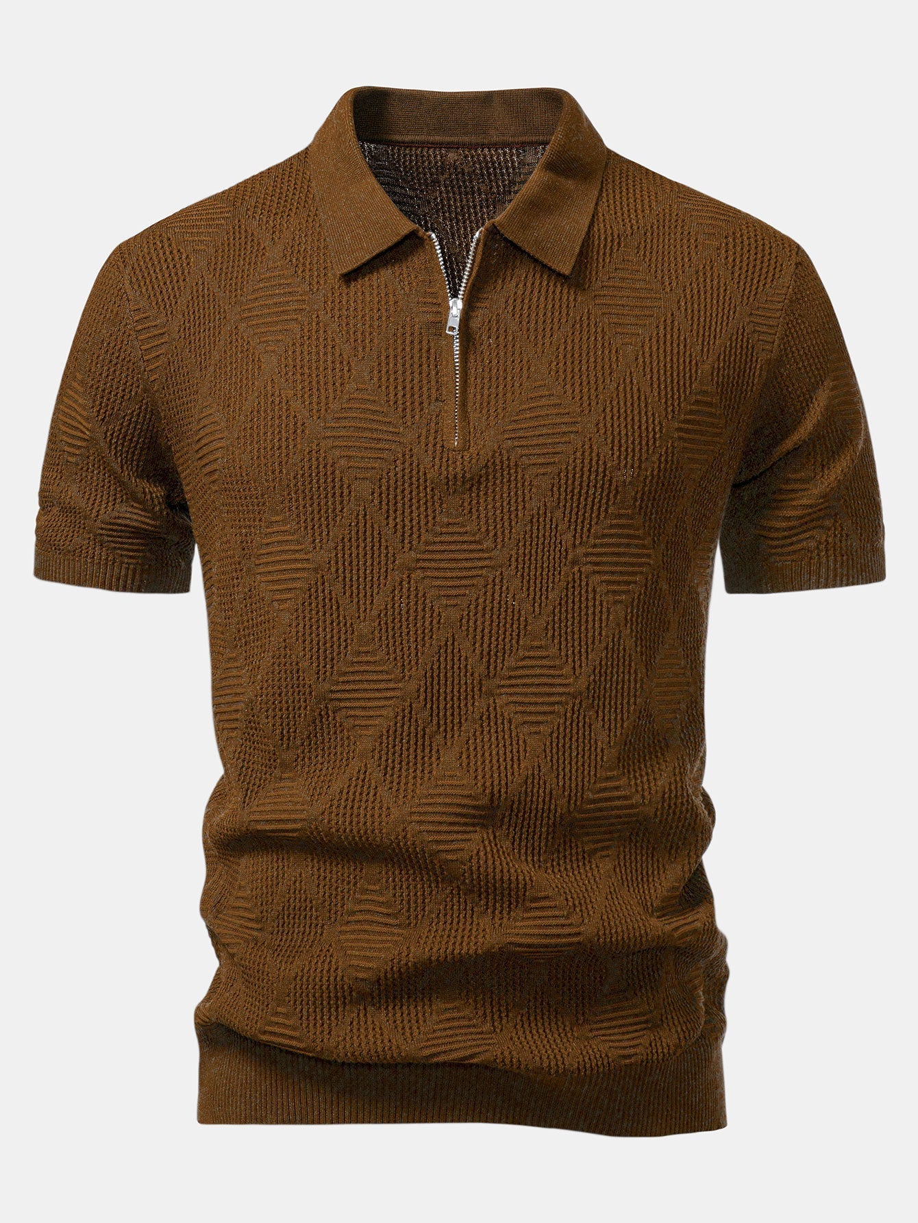 Rhombus Textured Zip Up Knitted Polo Shirt & Slim Fit Tapered Trousers