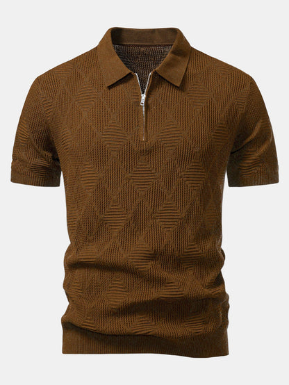 Rhombus Textured Zip Up Knitted Polo Shirt & Slim Fit Tapered Trousers