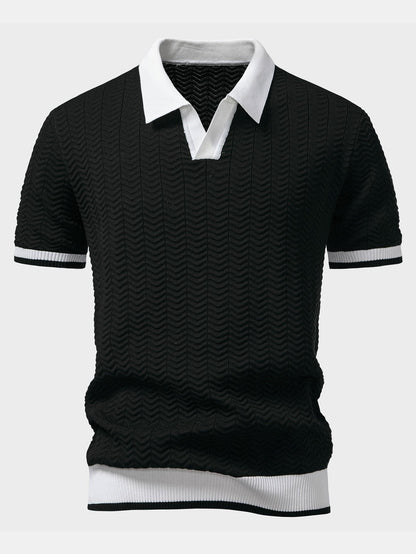 Texture Contrast Knitted V Neck Polo Shirt & Cotton Chino Shorts