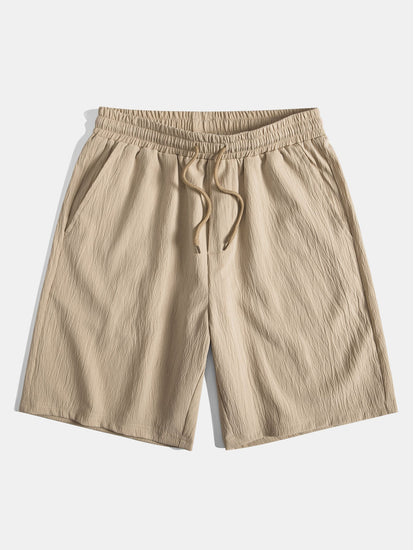 Linen Rayon Blend Button Up Shirt & Crinkled Textured Drawstring Shorts