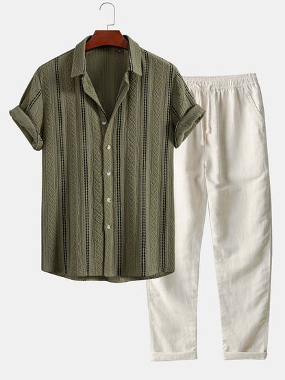 Geometric Striped Jacquard Button Up Shirt & Straight Leg Linen Pants