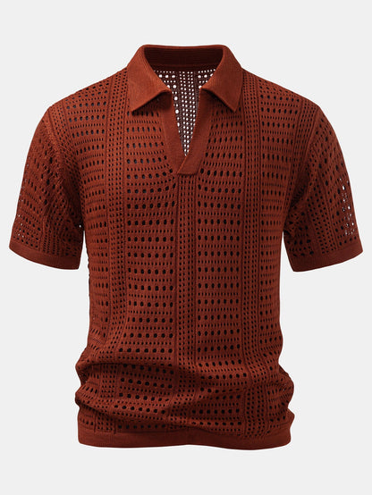 Crochet  V Neck Polo Shirt & Straight Leg Linen Pants