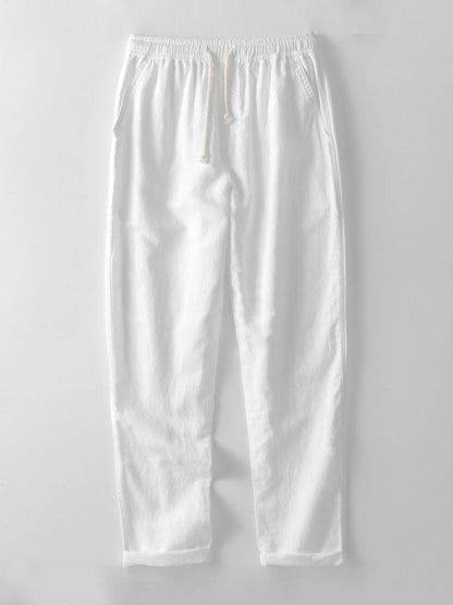 Striped Eyelet Knit Zip Up Polo Shirt & Straight Leg Linen Pants