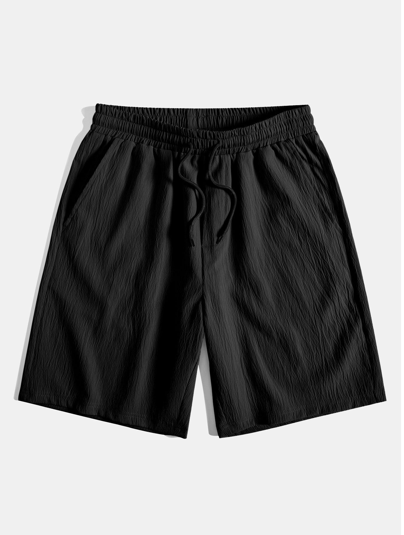 Geometric Striped Jacquard Button Up Shirt & Crinkled Textured Drawstring Shorts