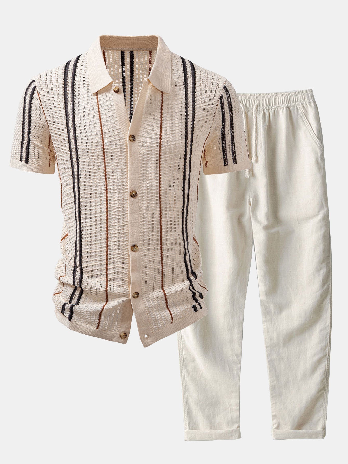 Stripe Crochet Button Up Shirt & Straight Leg Linen Pants