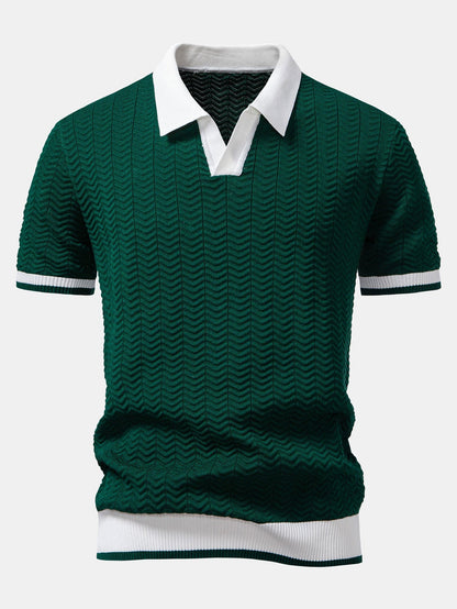Texture Contrast Knitted V Neck Polo Shirt & Cotton Chino Shorts