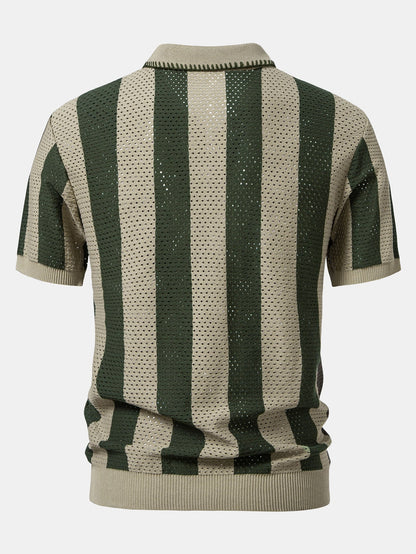 Striped Eyelet Knit Zip Up Polo Shirt & Straight Leg Linen Pants