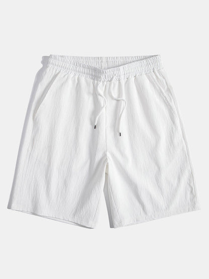 Linen Rayon Blend Button Up Shirt & Crinkled Textured Drawstring Shorts