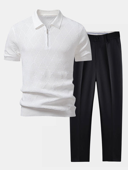 Rhombus Textured Zip Up Knitted Polo Shirt & Slim Fit Tapered Trousers