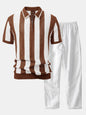 Striped Eyelet Knit Zip Up Polo Shirt & Straight Leg Linen Pants