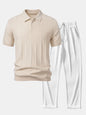 Stripe Jacquard Knit Polo Shirt & Straight Leg Ribbed Pants