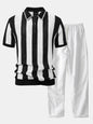 Striped Eyelet Knit Zip Up Polo Shirt & Straight Leg Linen Pants