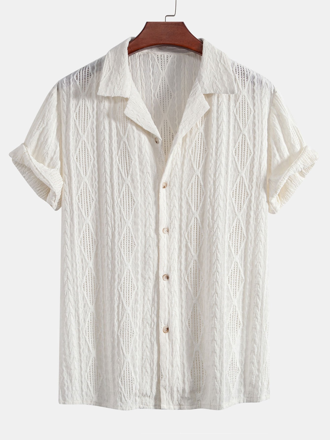 Geometric Jacquard Eyelet Cuban Shirt & Crinkled Textured Drawstring Shorts