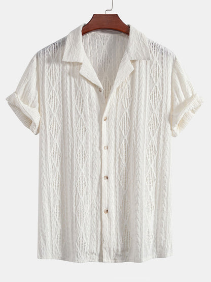 Geometric Jacquard Eyelet Cuban Shirt & Crinkled Textured Drawstring Shorts