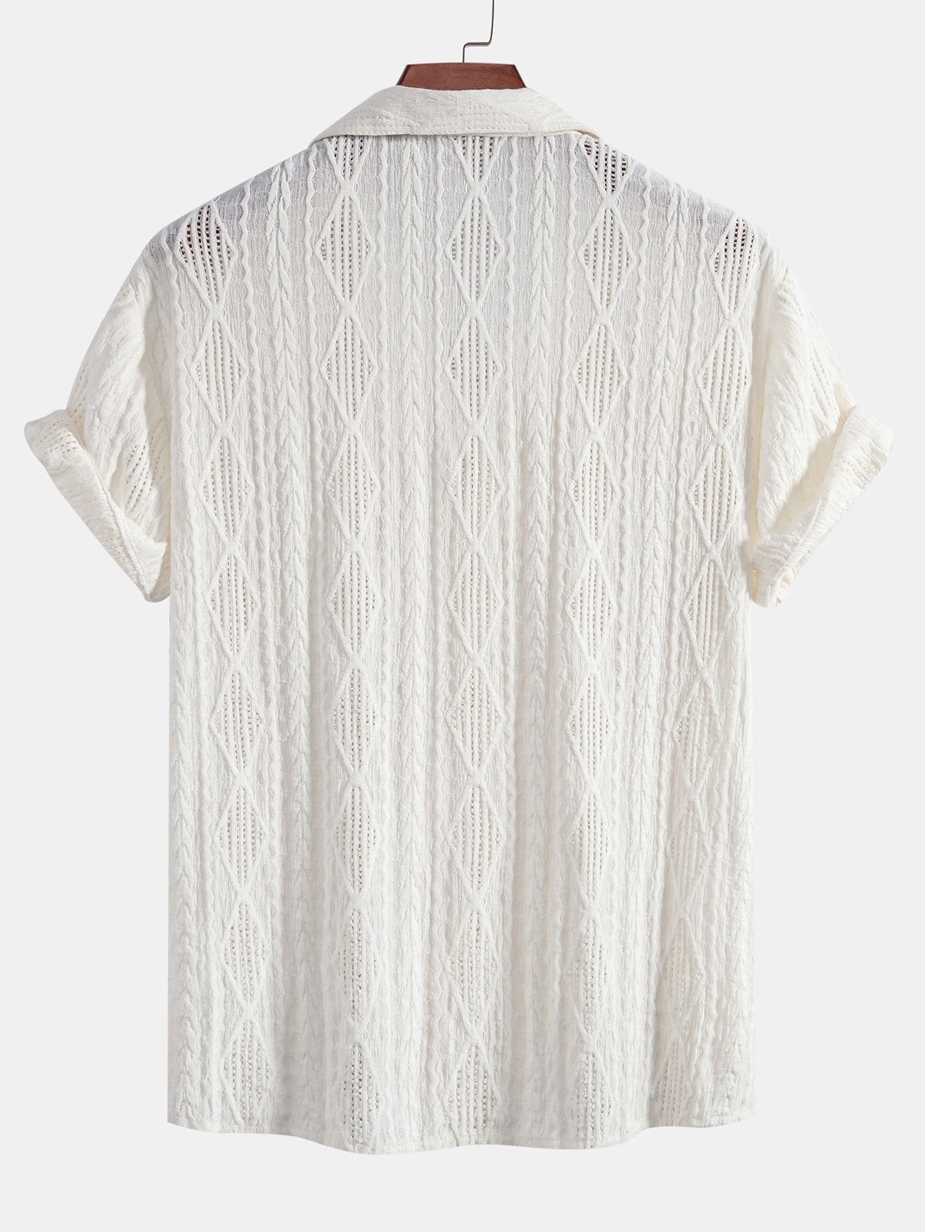 Geometric Jacquard Eyelet Cuban Shirt & Crinkled Textured Drawstring Shorts