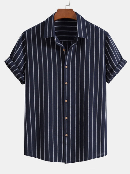 Cotton Blend Striped Button Up Shirt & Straight Leg Linen Pants